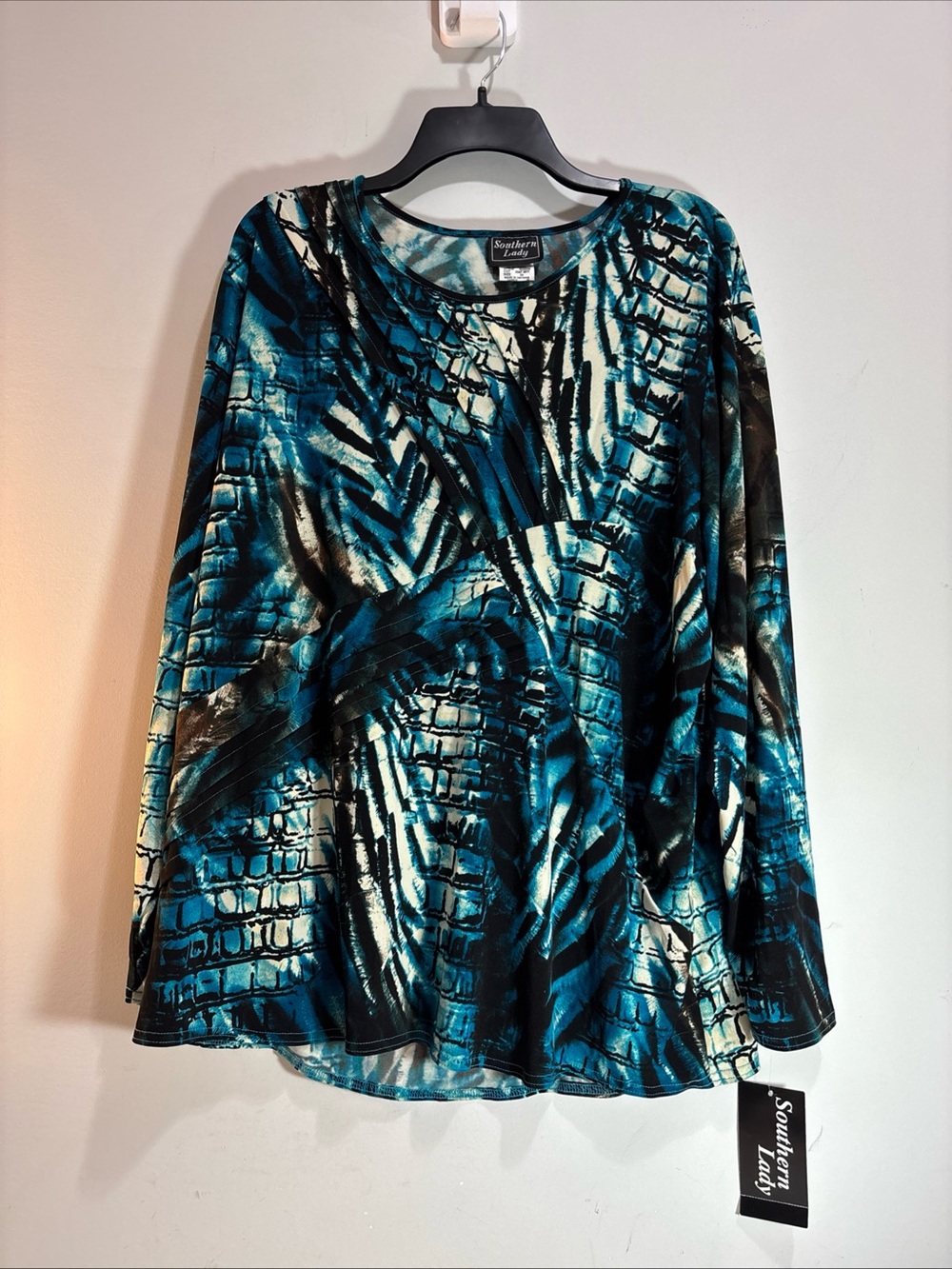 Southern Lady Teal & Black Abstract Print Long Sleeve Top. 1237